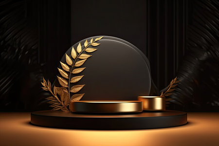 3d render of golden laurel wreath on black background. Award ceremony concept.の素材