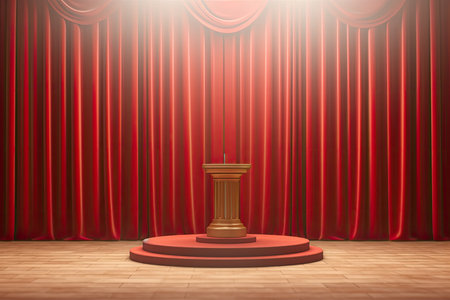 Stage podium with red curtains and spotlight. Realistic vector illustration.の素材