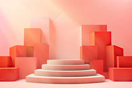 Abstract background with red geometric shapes and podiums. 3d renderの素材