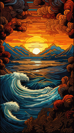 A painting of a river with a sunset in the backgroundの素材