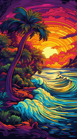 A painting of a river with a sunset in the backgroundの素材