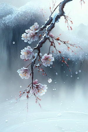 A painting of a cherry blossom tree with snow on the branchesの素材
