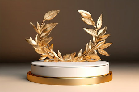 3d render of gold award podium with golden leaves on brown backgroundの素材