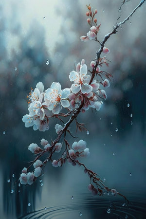 A branch of a cherry tree with white flowers and green leavesの素材
