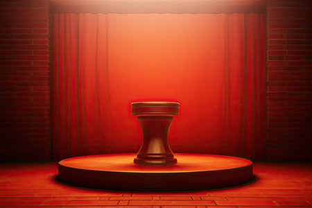 Red podium and red curtain with spotlights. 3D rendering.の素材