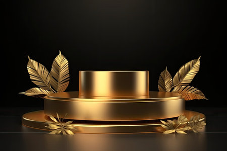 Podium, pedestal or platform for product presentation with golden leaves. 3D renderingの素材