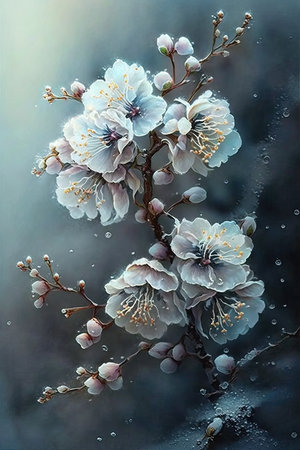 A painting of a cherry blossom tree with snow on the branchesの素材