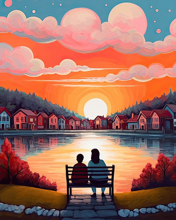 A painting of a couple sitting on a bench looking at a lake, Generative AIの素材