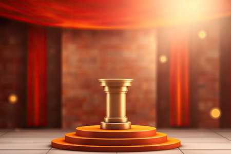 Stage podium with lighting, Stage Podium Scene with for Award Ceremony on red brick wall background, Vector illustrationの素材