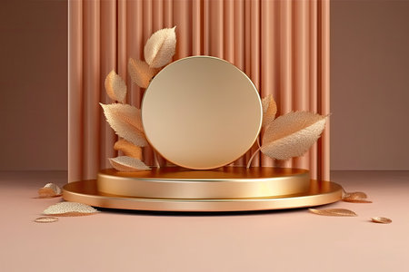 3d render, podium for product presentation, blank round stage with gold frame and golden leaves.の素材