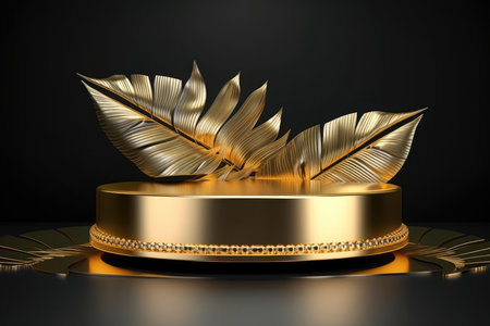 3d render, golden podium with gold leaf, abstract background.の素材