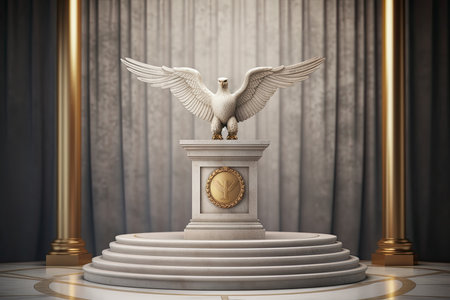 Podium with white marble pedestal and golden statue of eagle. Award ceremony concept. 3D renderingの素材