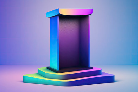 3d rendering of a podium with a speaker in blue and purple colorsの素材