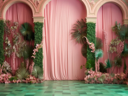 3d render of a beautiful interior with pink curtains and flowers.の素材
