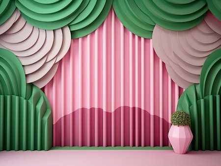 Curtains and flower pot on pink background. 3d renderingの素材