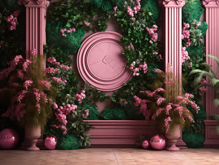 3D rendering of a pink wall with a clock and flowers.の素材
