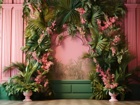 Classic interior with pink walls, wooden floor, green plants and flowers in vases. 3d renderの素材