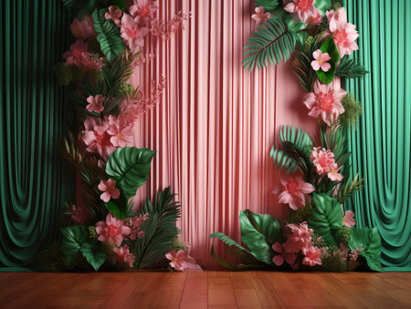 Tropical background with green curtain and flowers. 3D renderingの素材