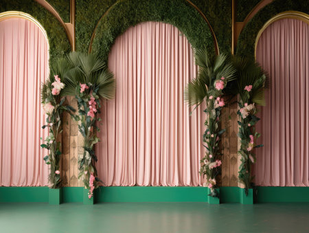 3d render of interior room with pink curtains and flowers on the wallの素材