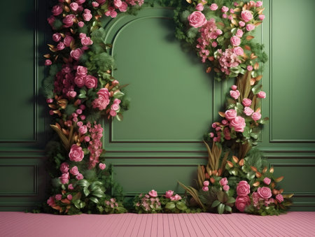 Wedding arch decorated with pink roses. 3D rendering.の素材