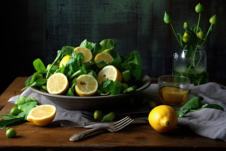 A Salad plate of spinach with lemons on it, Generative AIの素材