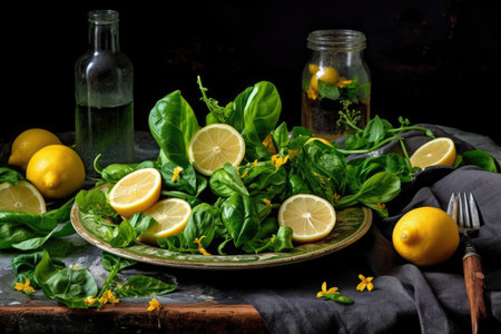 A Salad plate of spinach with lemons on it, Generative AIの素材