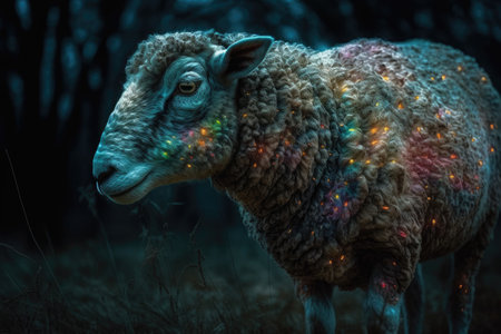 A sheep in a forest with a dark background, AI Generatedの素材