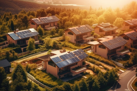 A row of houses with a solar panel on the roof, AI Generatedの素材