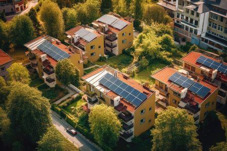 A row of houses with a solar panel on the roof, AI Generatedの素材