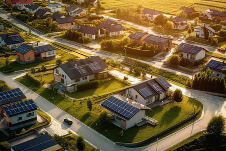 A row of houses with a solar panel on the roof, AI Generatedの素材