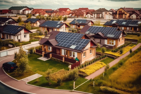 A row of houses with a solar panel on the roof, AI Generatedの素材