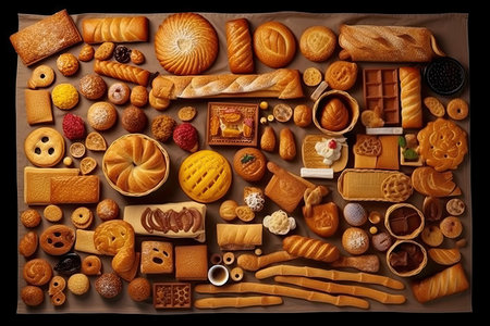 A variety of breads and pastries are arranged on a tableの素材
