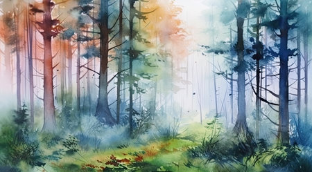 A Watercolor Painting of a misty forest, Generative AIの素材