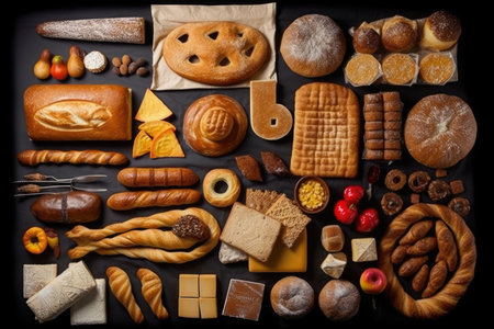 A variety of breads and pastries are arranged on a tableの素材