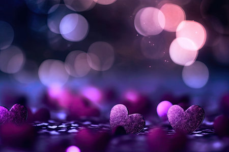 Abstract Bokeh Purple Hearts Valentine Day Background,  Generative AIの素材
