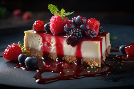 Amazing raspberry Cheese cake, dripping chocolate, Generative AIの素材