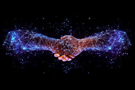 Business Deal handshake in glowing Background, Generative AIの素材