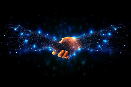 Business Deal handshake in glowing Background, Generative AIの素材