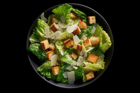 Caesar salad top view black background Generative AIの素材