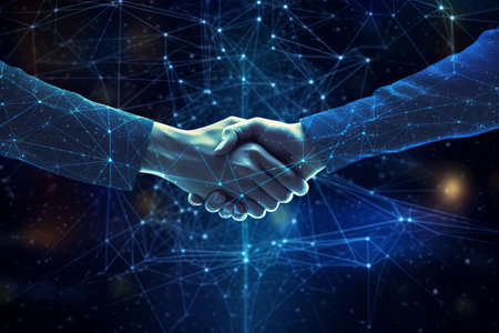 Business Deal handshake in glowing Background, Generative AIの素材