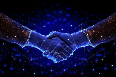 Business Deal handshake in glowing Background, Generative AIの素材
