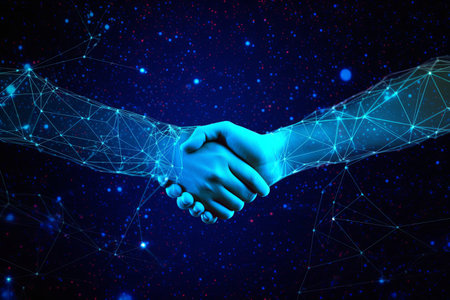 Business Deal handshake in glowing Background, Generative AIの素材