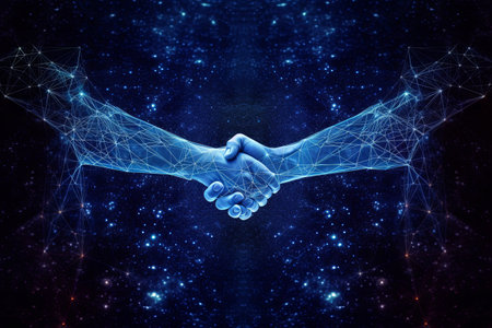 Business Deal handshake in glowing Background, Generative AIの素材