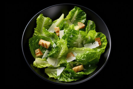 Caesar salad top view black background Generative AIの素材