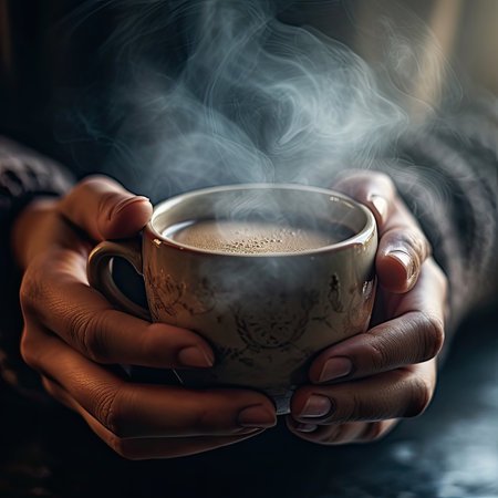Close-up hands holding hot cup of coffee, Generative AIの素材