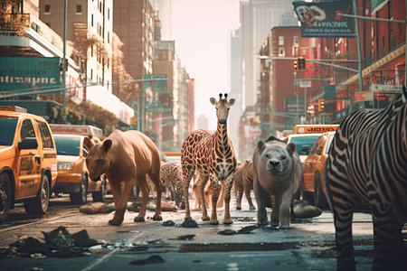 Closeup Retro wild Animals in City on Roads of NYC, Generative AIの素材