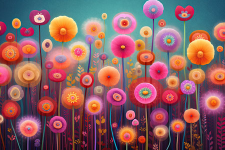 Colorful Spring Flowers Whimsical Wall Mockup, Generative AIの素材