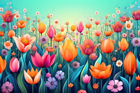 Colorful Spring Flowers Whimsical Wall Mockup, Generative AIの素材