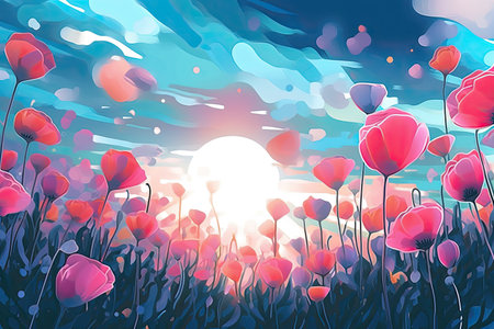 Colorful Spring Flowers Whimsical Wall Mockup, Generative AIの素材