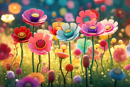 Colorful Spring Flowers Whimsical Wall Mockup, Generative AIの素材